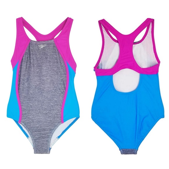 Speedo | "Heather Gray" Mesh Splice Thick Strap 1 Piece Swimsuit | Size 14 Girls - Picture 1 of 10